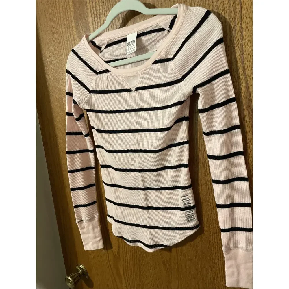 Victorias Secret PINK Waffle Knit Long Sleeve T Shirt Black Stripe Pink XS